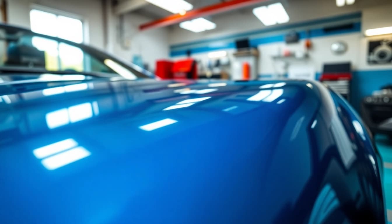 Get ceramic coating near me showcased on a glossy vehicle in a bright auto detailing shop.
