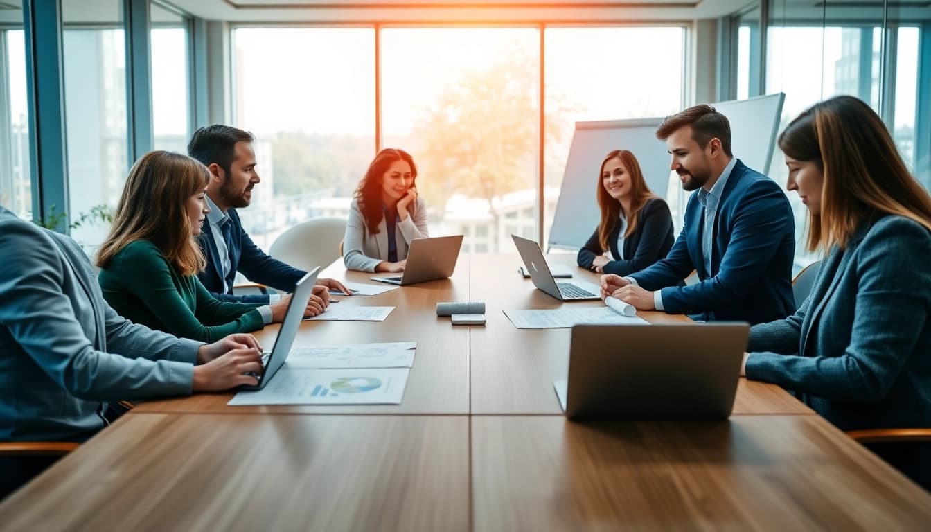 Engaged professionals from Quickplus Business Consultants collaborating in a bright office environment.