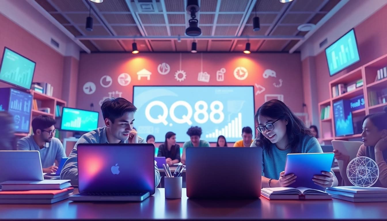 Engaging digital learning scene representing QQ88 Education with diverse learners and interactive technology.