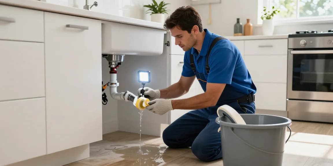 Emergency plumber San Diego assessing a leak under a kitchen sink with tools and bright lighting.