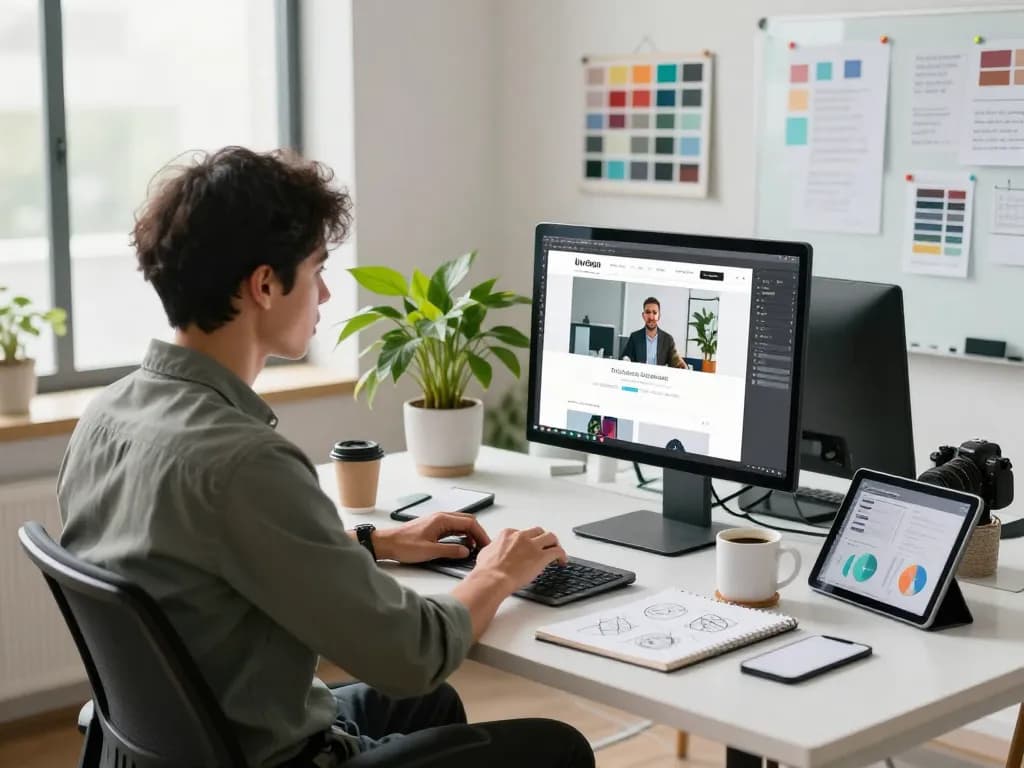 Web Design professional at a modern workspace refining website layouts, showcasing a vibrant and creative environment.