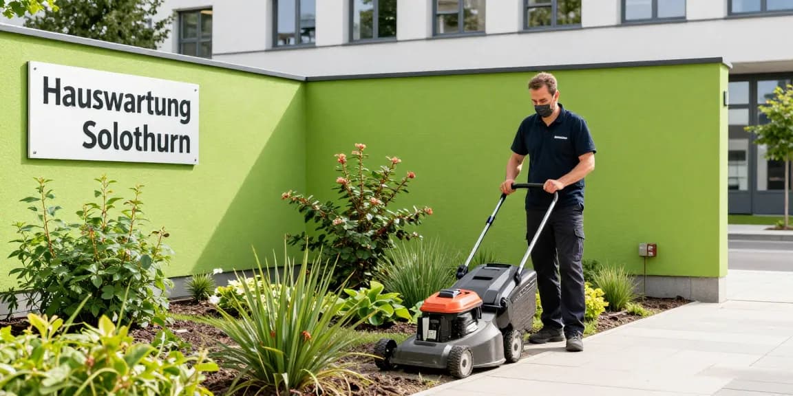 Professional hauswartung solothurn services showcasing property caretaker maintaining a commercial building's garden.