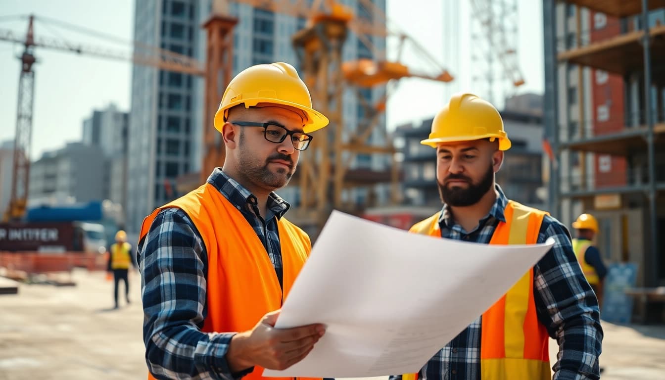 New York General Contractor supervising a bustling construction site with cranes and blueprints.
