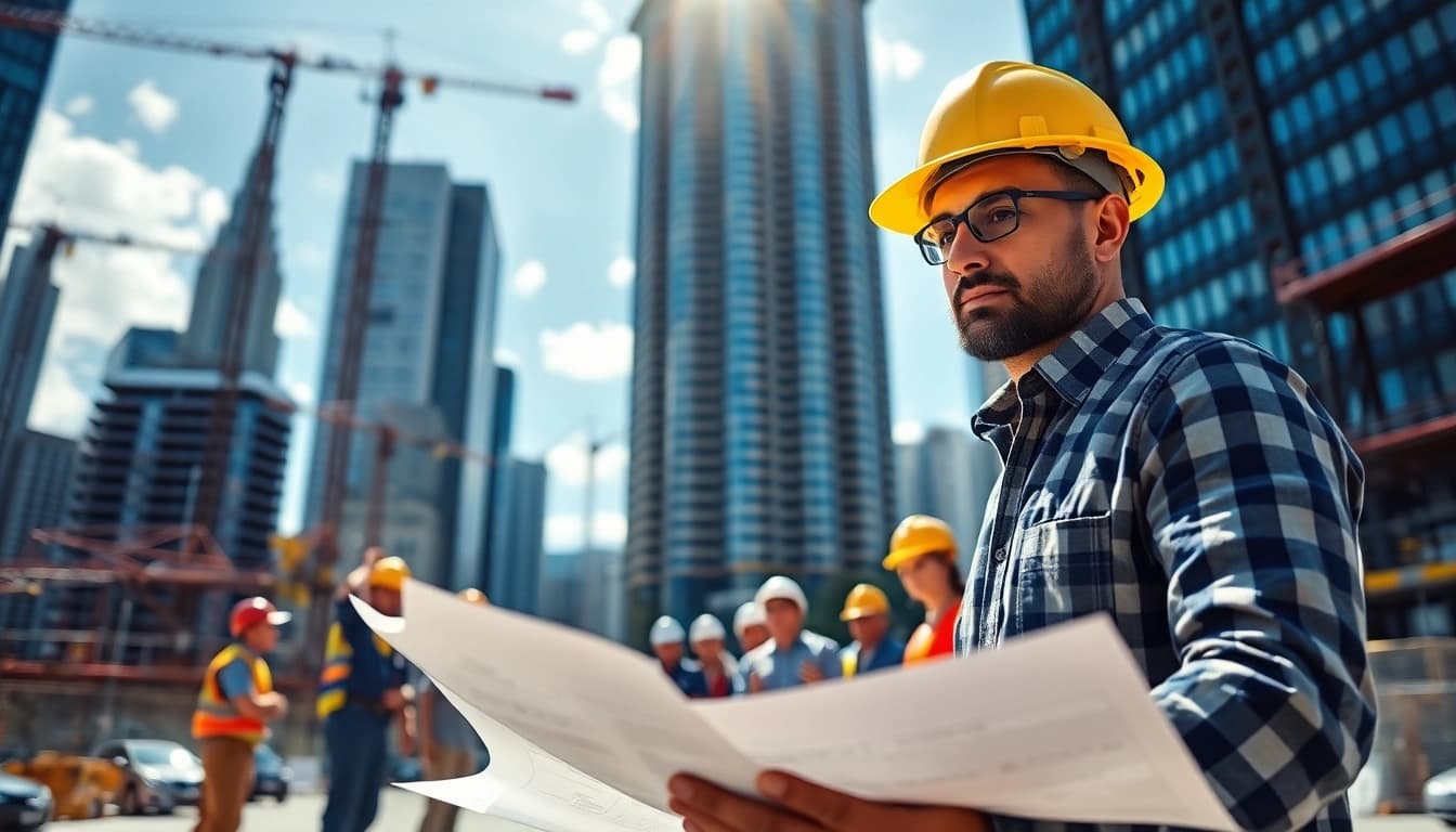 New York Commercial General Contractor reviewing blueprints at a bustling construction site.