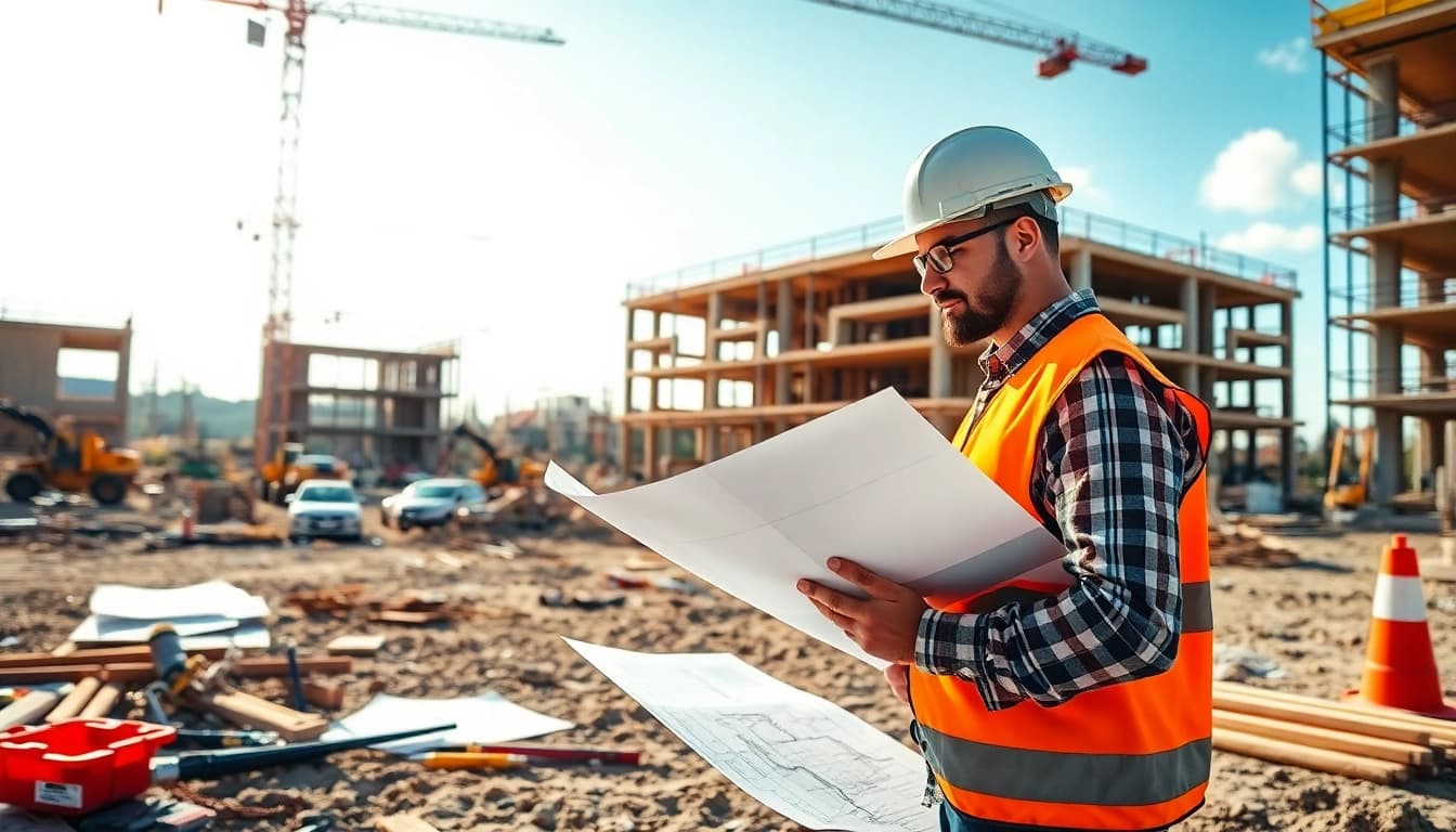 New Jersey Commercial General Contractor inspecting blueprints on a busy construction site.