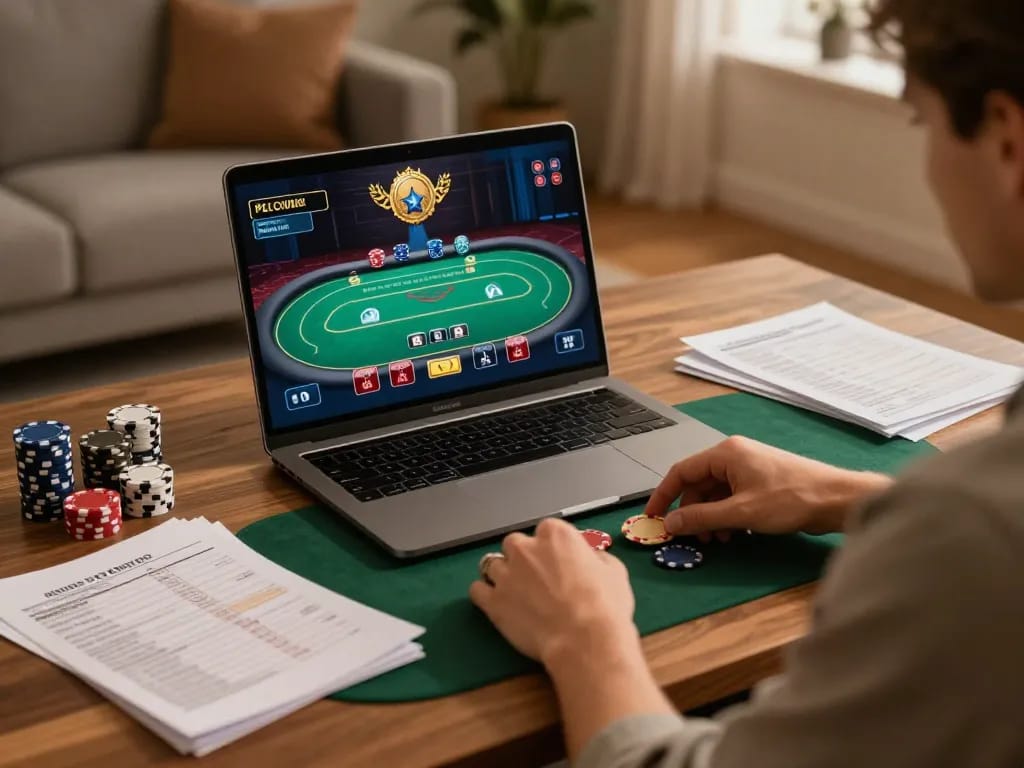 B52 online poker strategy session at home with player's focused expression and game interface visible.
