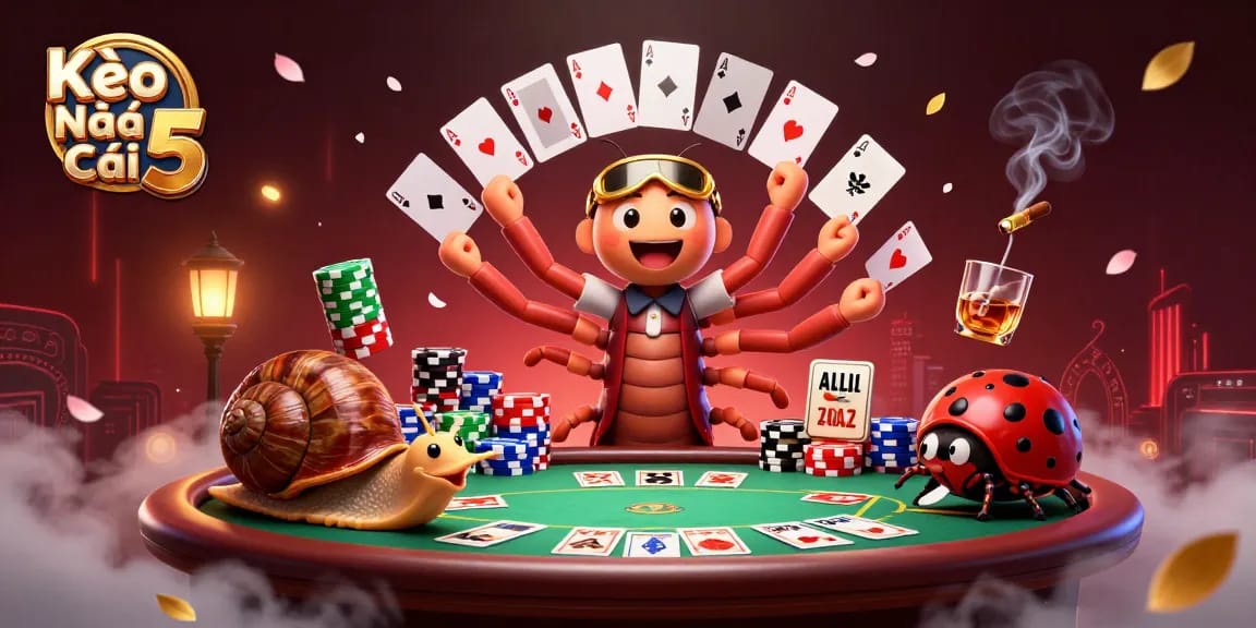 Kèo Nhà Cái 5 engaging poker scene with a millipede dealer, snail high-roller, and exciting elements