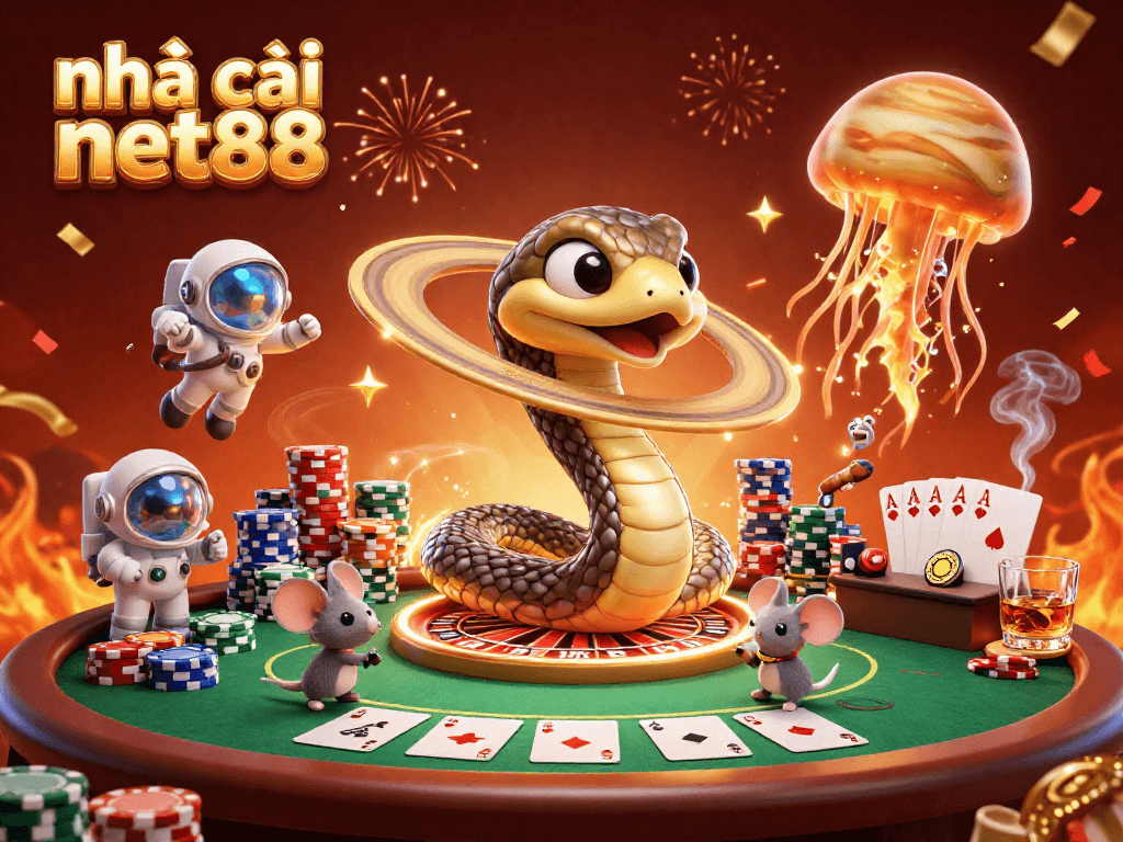 Engaging scene with nhà cái net88 featuring unique characters in a cosmic casino setting