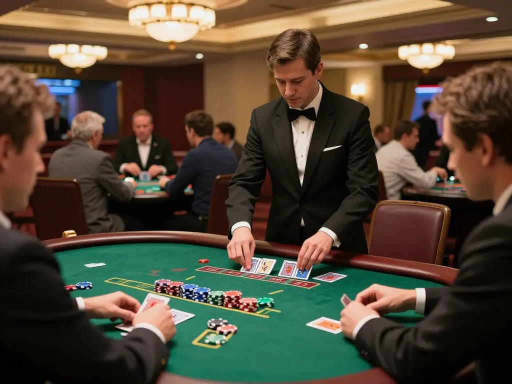 FLY88 players engaging in strategic blackjack gameplay at a luxurious casino table.