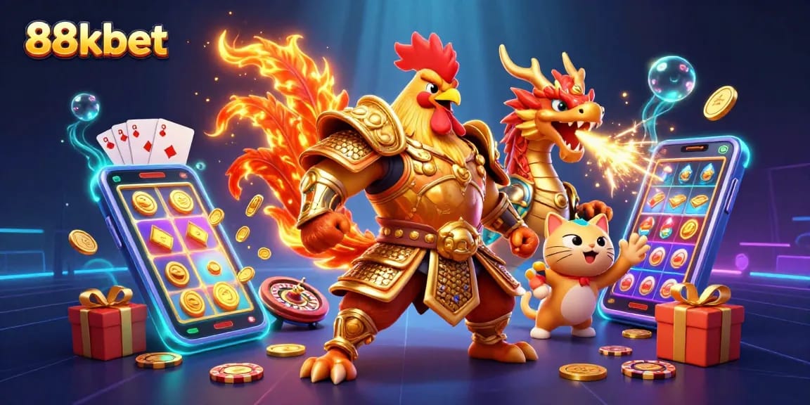 Engage with thrilling games at 88kbet featuring a dynamic rooster warrior and dragon in a vibrant casino scene.