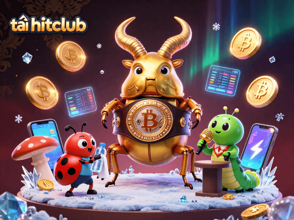 Bet on exciting games at tải hitclub with a dynamic scene featuring colorful characters and cryptocurrency elements.