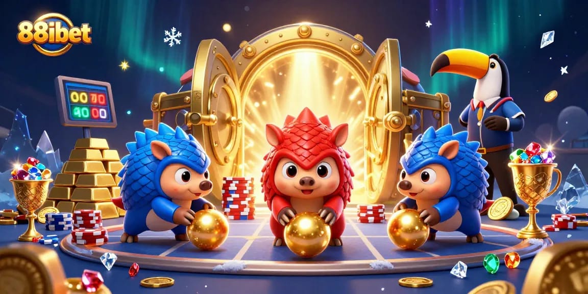 Engage with the exciting world of 88ibet as cartoon pangolins compete in a vibrant casino scene.