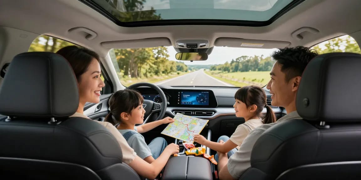 Family enjoying a road trip in their SUV illustrating the importance of a vehicle service contract for safety and reliability.