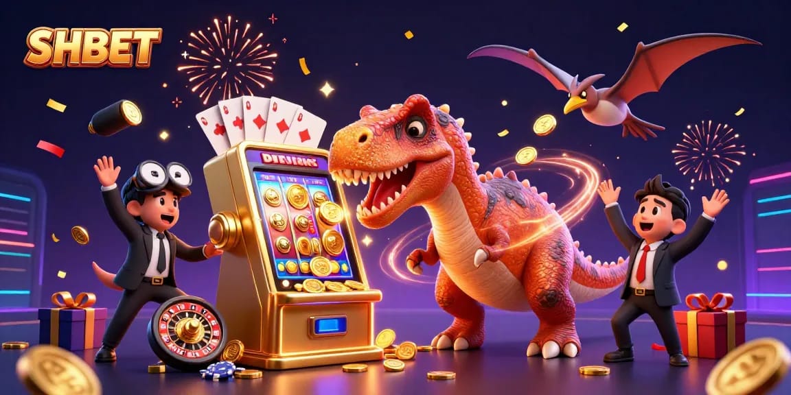 SHBET showcases a whimsical scene of a dinosaur winning coins from a slot machine in a lively casino atmosphere.