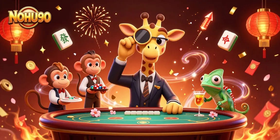 Experience the excitement of NOHU90's gaming scene with dynamic characters and vibrant casino elements.