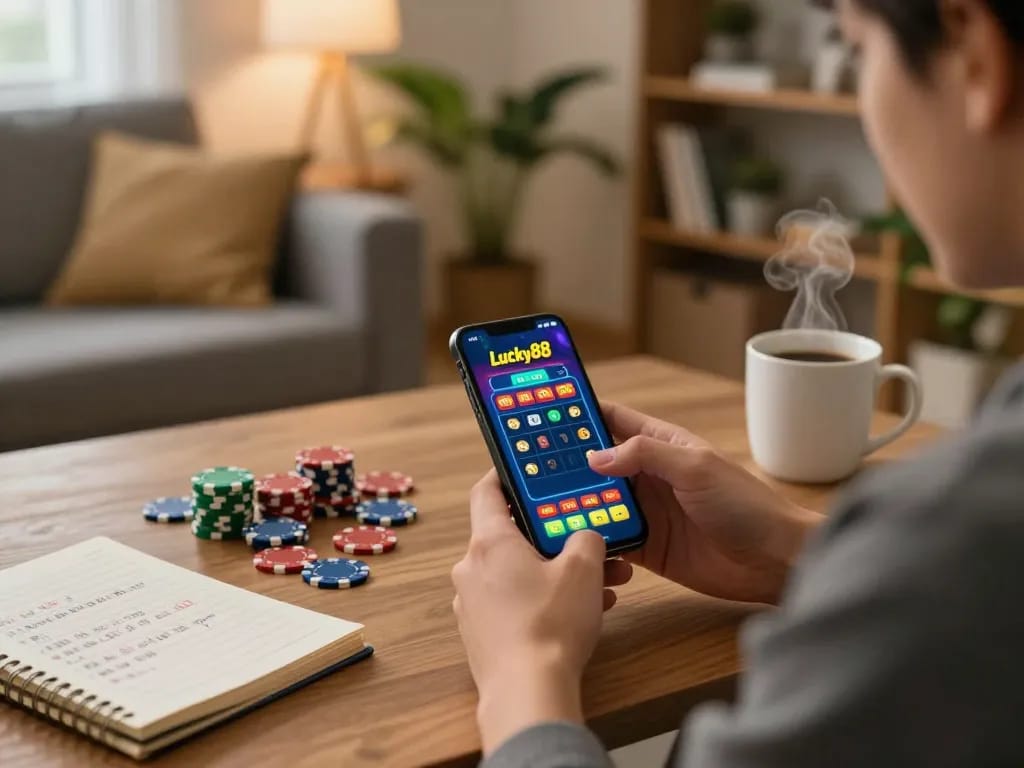 Player enjoying the Lucky88 app on their smartphone, immersed in online casino gaming at home.
