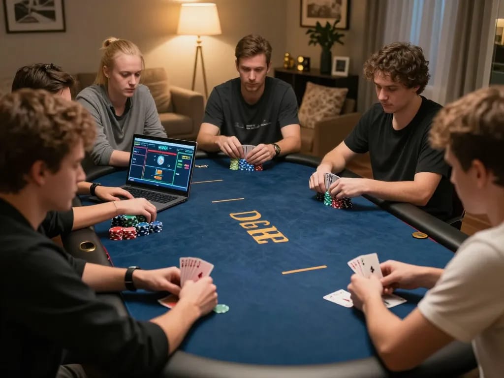 Playing IDN poker dominobet online with friends, showcasing chips, cards, and competitive gameplay.