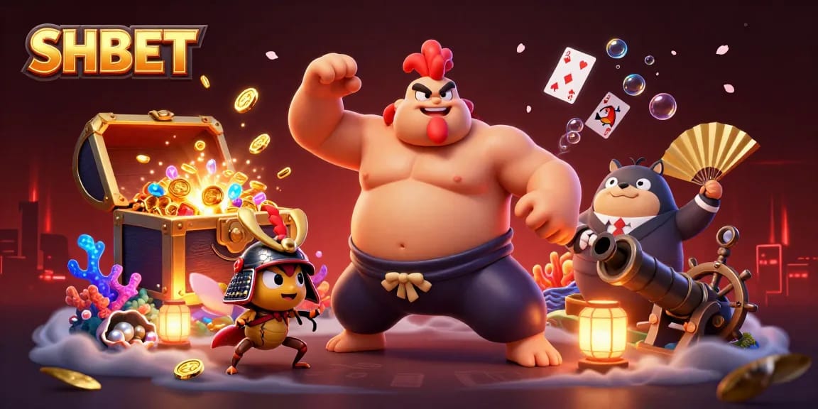 Engaging 3D illustration showcasing SHBET's vibrant casino energy with diverse game elements