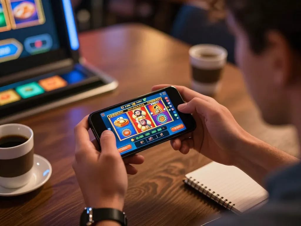 Engaged in lively go88 mobile gaming, player enjoying vibrant slots on smartphone with urban lifestyle backdrop.