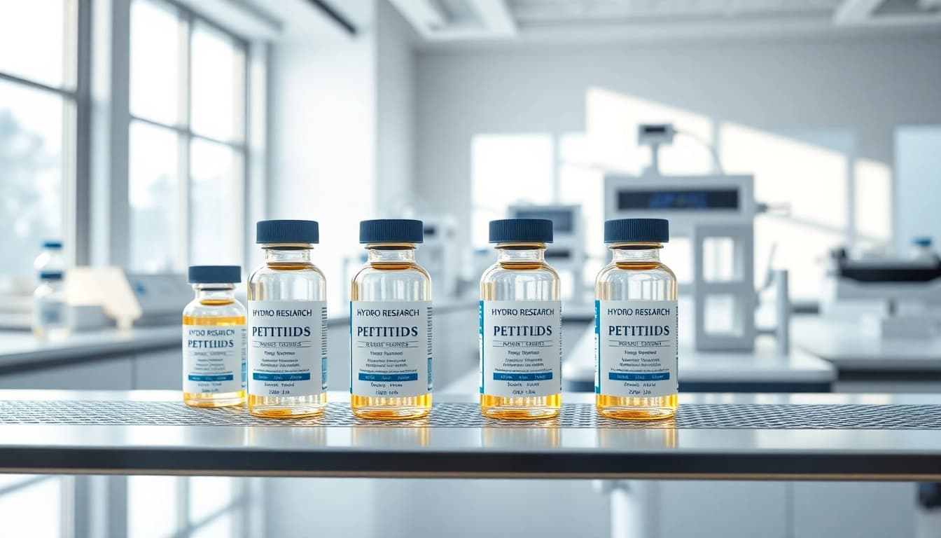 Discover Hydro Research peptides artfully arranged in a professional lab setting.