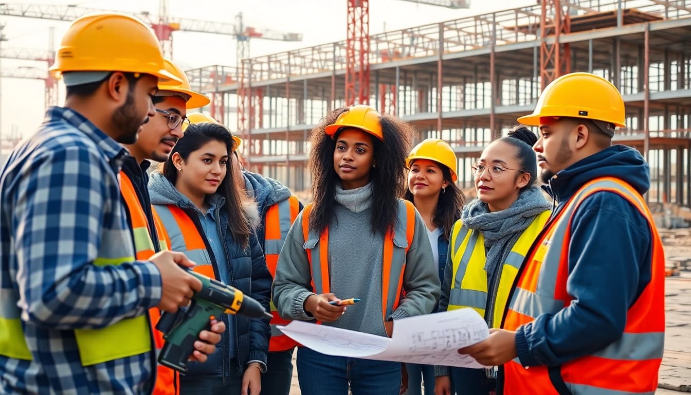 Engaging construction education training session with diverse students at a site