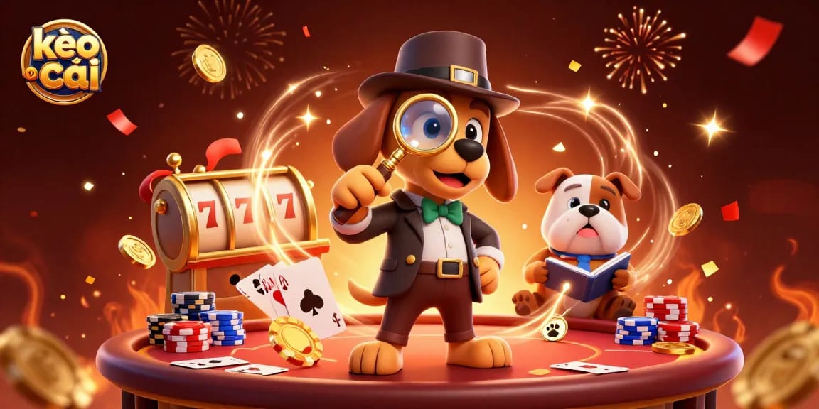 Bettors explore kèo nhà cái with a detective and bulldog, surrounded by poker chips and lively casino elements.