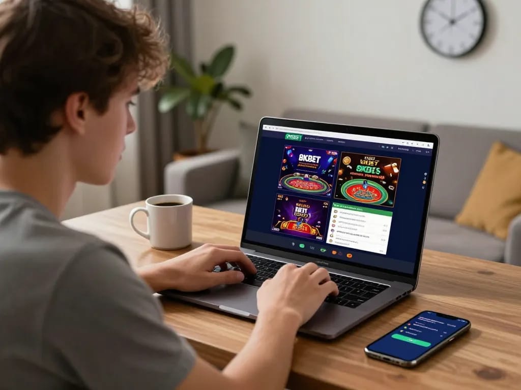 Engaging online betting experience on the 8KBET platform with a young adult enthusiast.