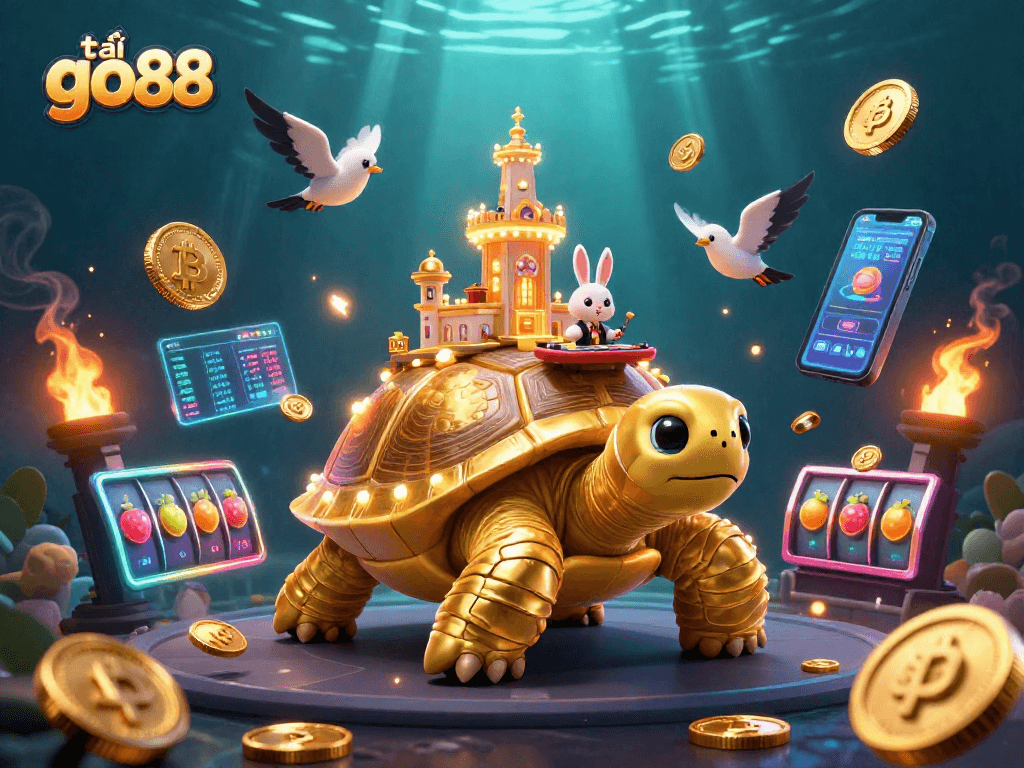 Experience the excitement of tải go88 with vibrant golden characters and casino items in a rich, dynamic illustration.
