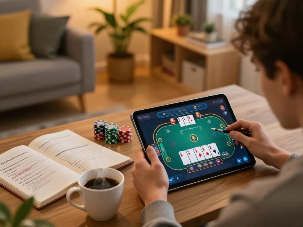 Engaging with online poker at f8bet com on a tablet in a cozy living room, emphasizing strategic gameplay.