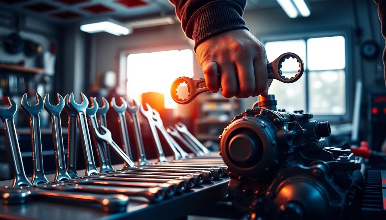 Close-up of a mechanic using USAG wrenches in a professional workshop setting.
