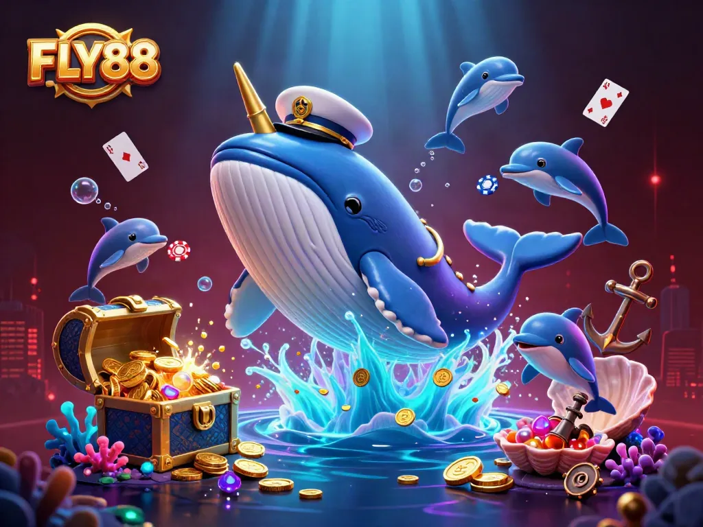 Experience thrilling games at FLY88 with vibrant underwater casino elements in this dynamic 3D illustration.
