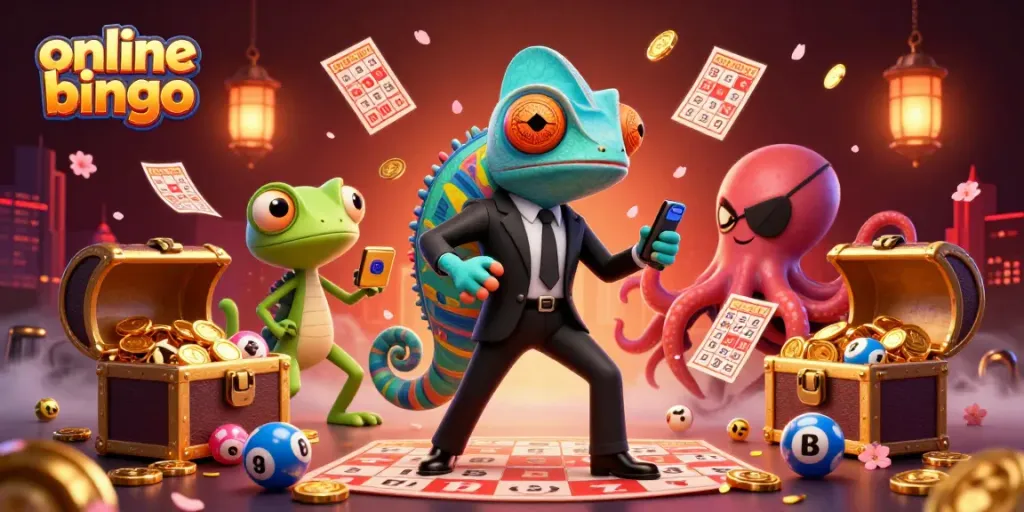 Engage in online bingo with colorful cards and dynamic characters in a vibrant casino scene.