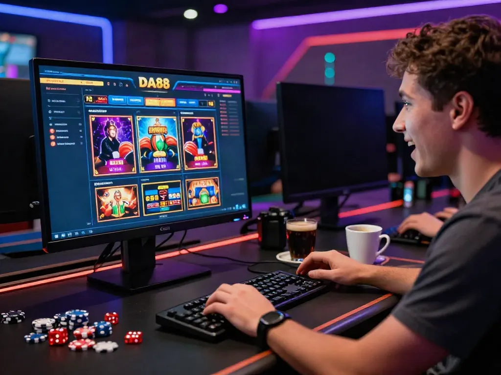User engaged in DA88 gaming experience at a sleek gaming desk with colorful graphics and gaming paraphernalia.
