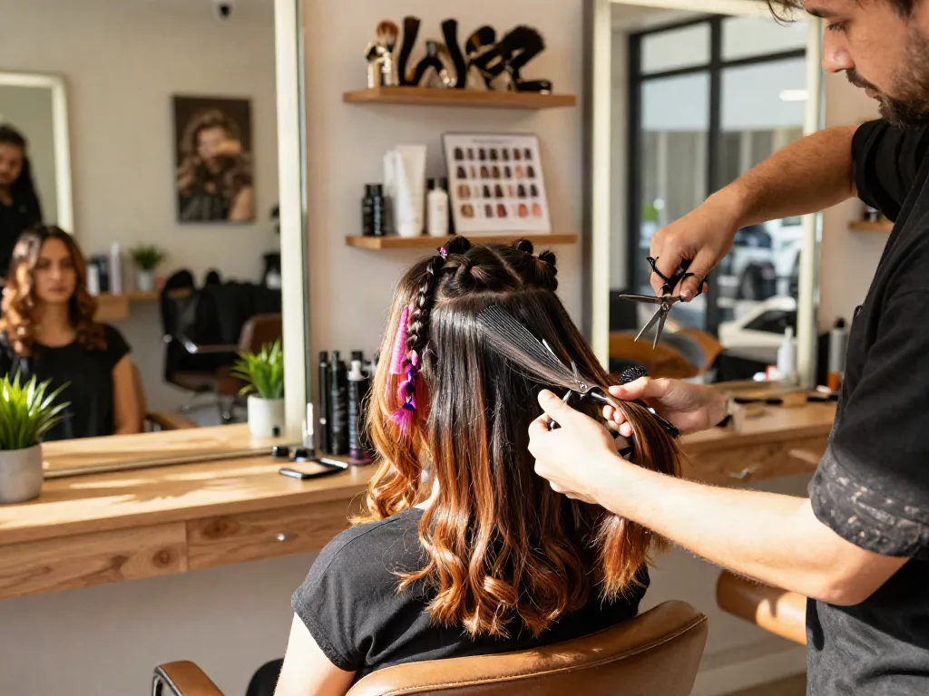 Sew in weft hair extensions being expertly applied in a stylish salon setting.
