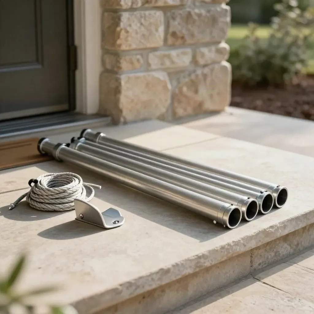 Aluminum pole kit parts fanned on a pale stone step by a front entry