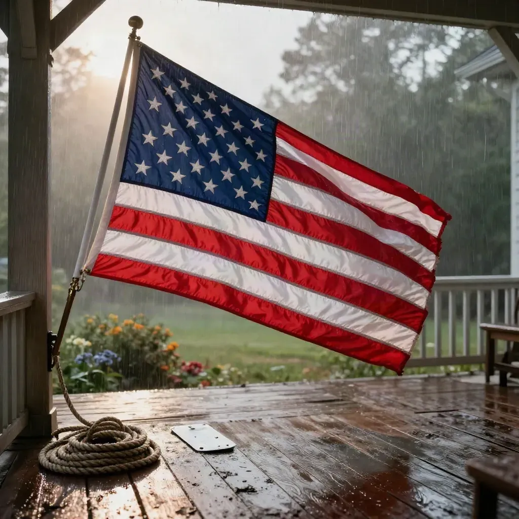 Rain-kissed USA flag with brass grommets, porch bracket, rope and cleat on cedar boards.