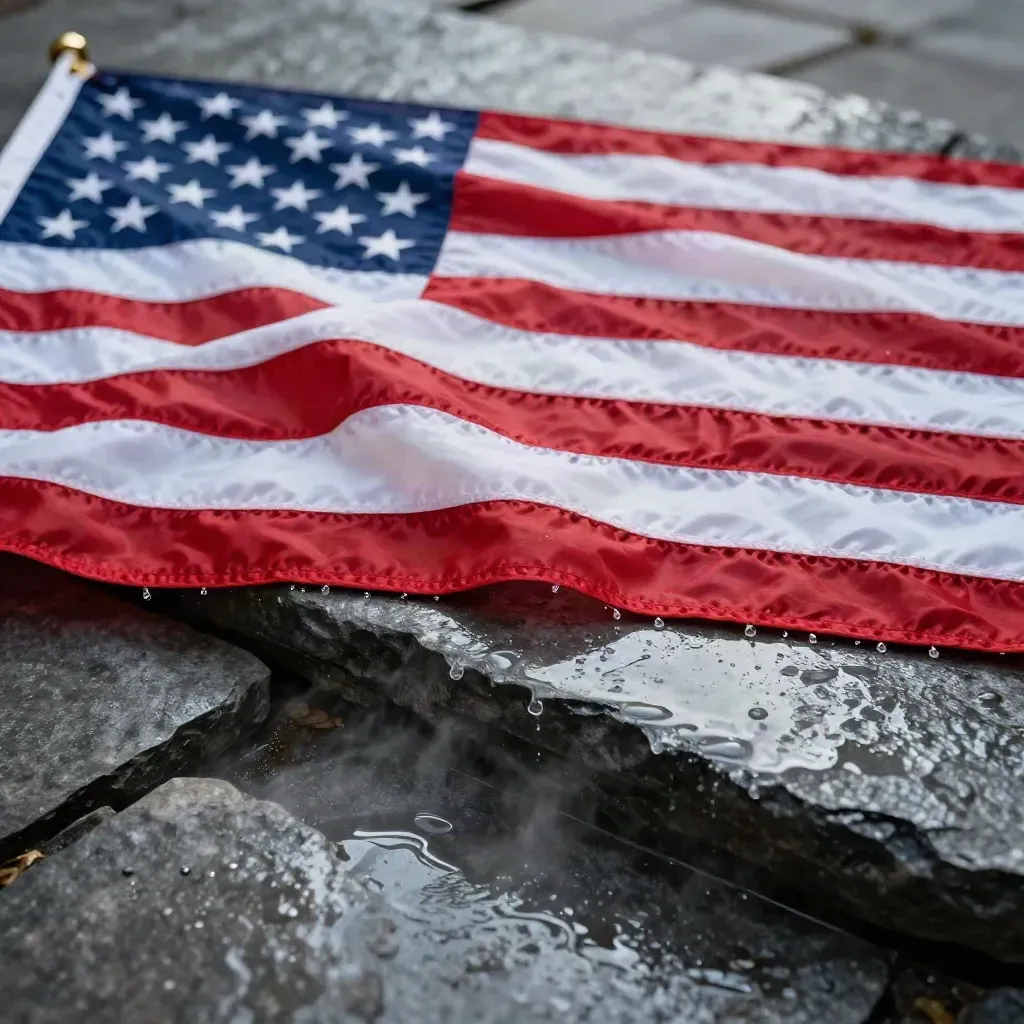 Macro of a wet American flag on stone with rainwater beading along the hem.