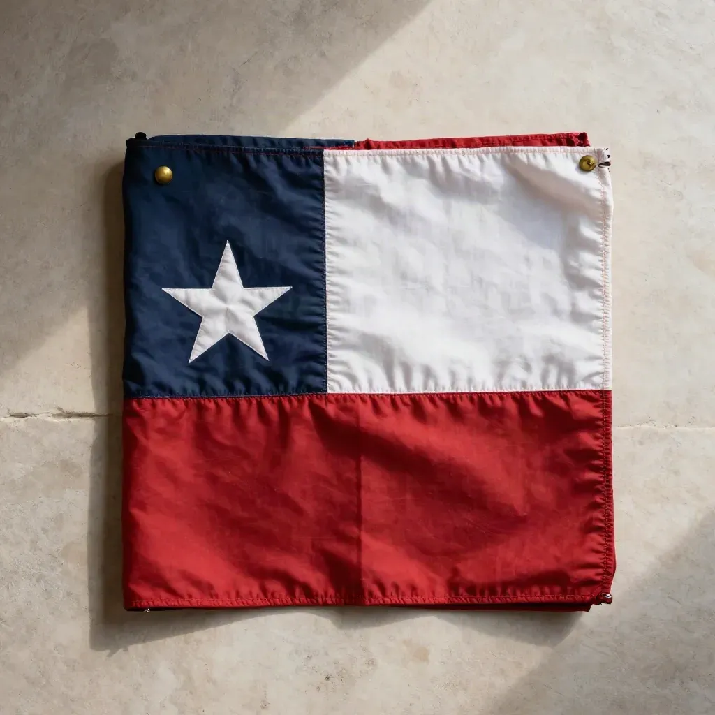 Overhead folded Texas state flag on pale stone, brass grommets and one fold opening