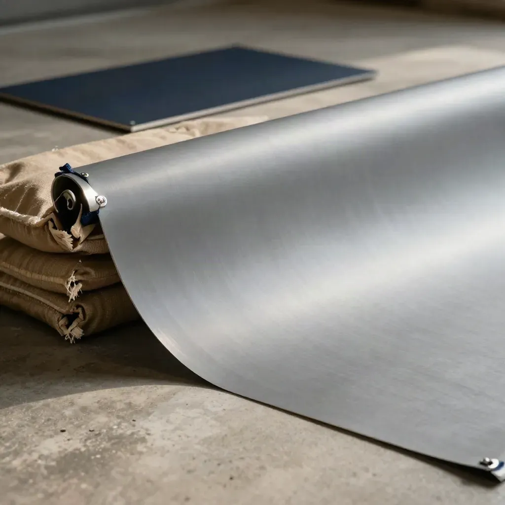 Blank vinyl banner sheet pulled taut with sandbags and a folded stand on warm concrete.