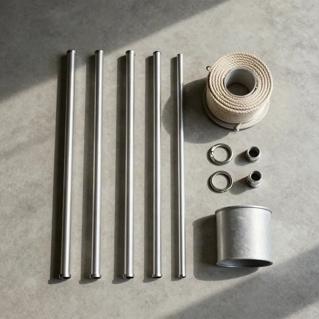 Overhead aluminum flagpole kit flatlay with rope spool, rings, caps and sleeve on concrete