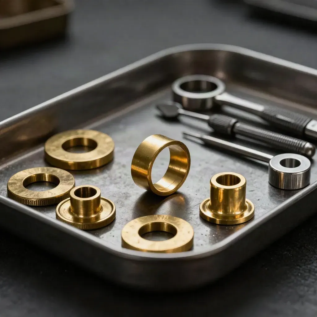 Brass grommet set in a shallow tray with one ring rolling to rest under dramatic light.