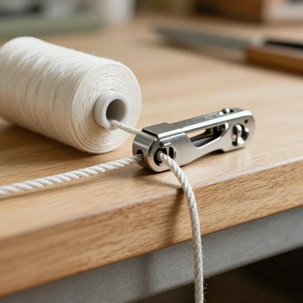 White rope, cleat, clips and tensioner on a pale oak bench in warm workshop light.