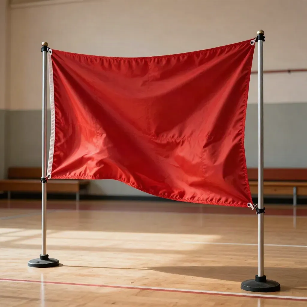 Billowing school spirit banner with metal poles and corner ties on a gym floor, lit from upper left.
