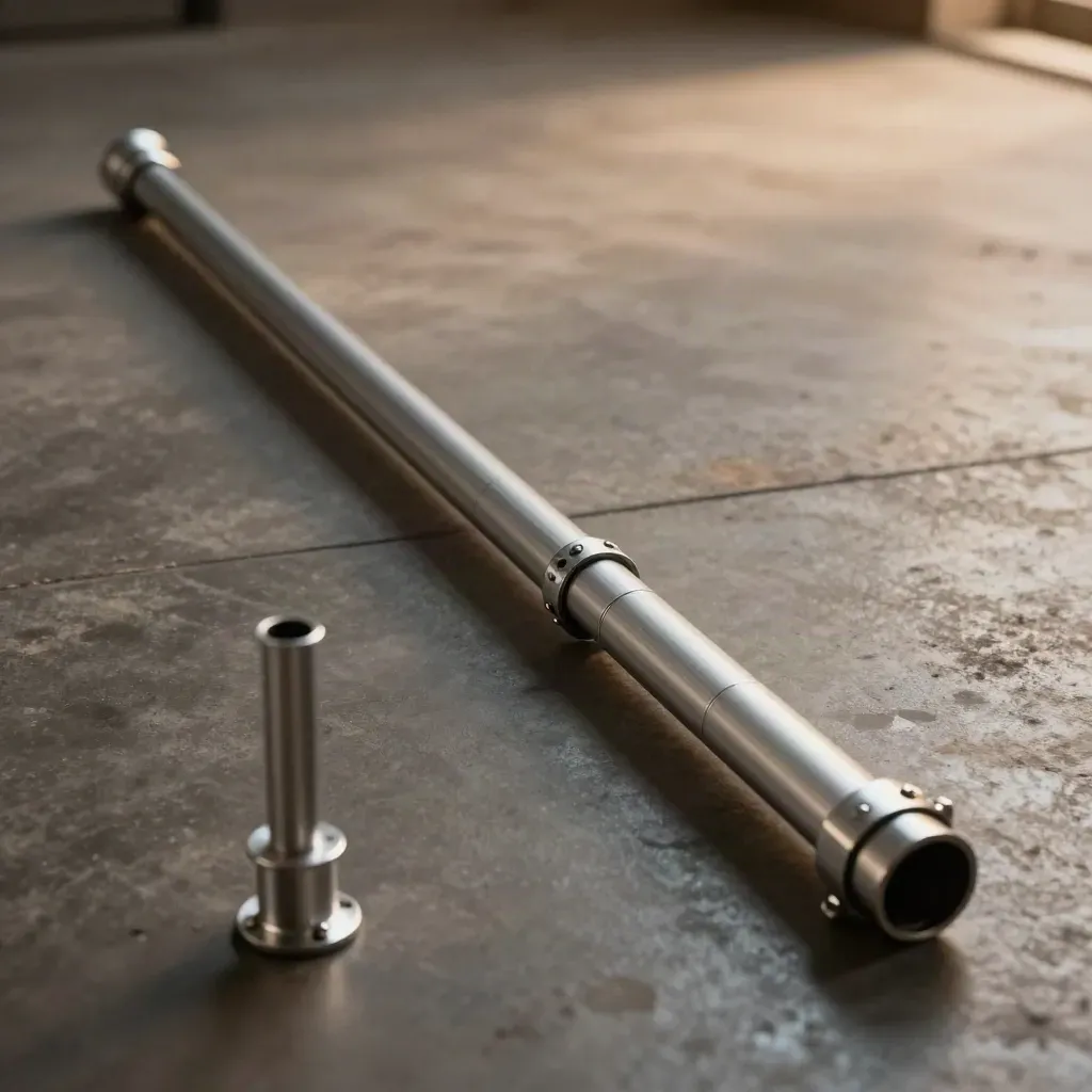 Telescoping aluminum pole extended on a ground sleeve, shot low across a dark concrete floor.