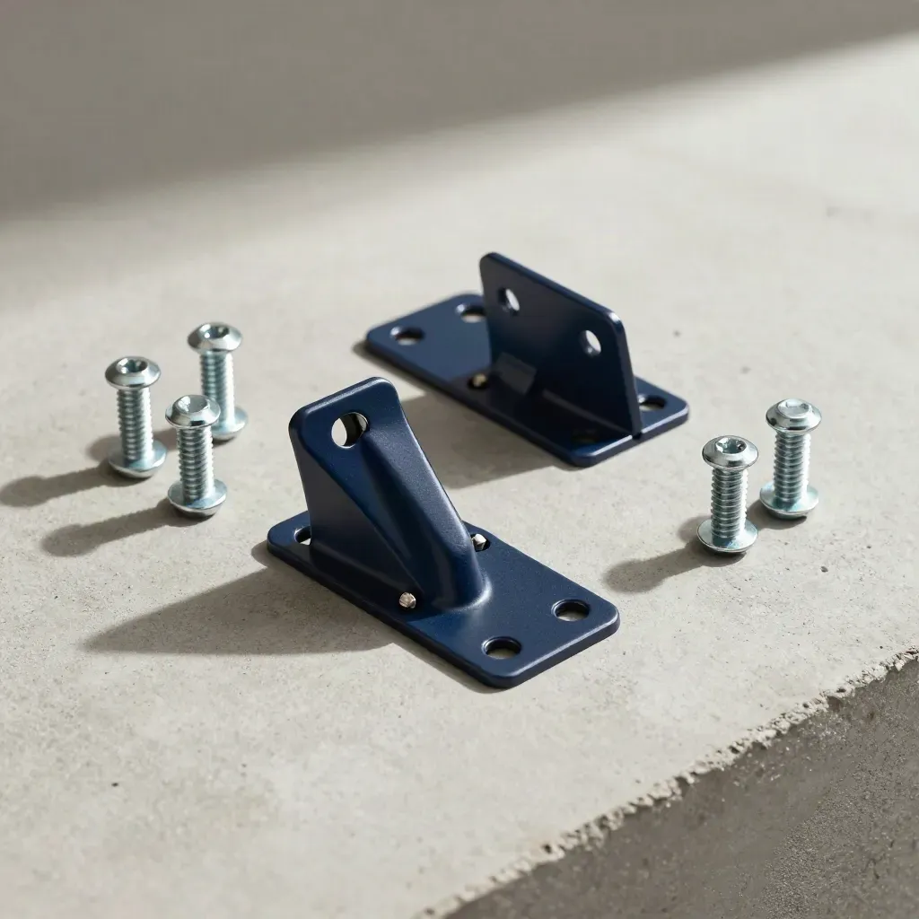 Overhead flat lay of navy flag brackets with screws, anchors, and hinge pins on pale concrete.
