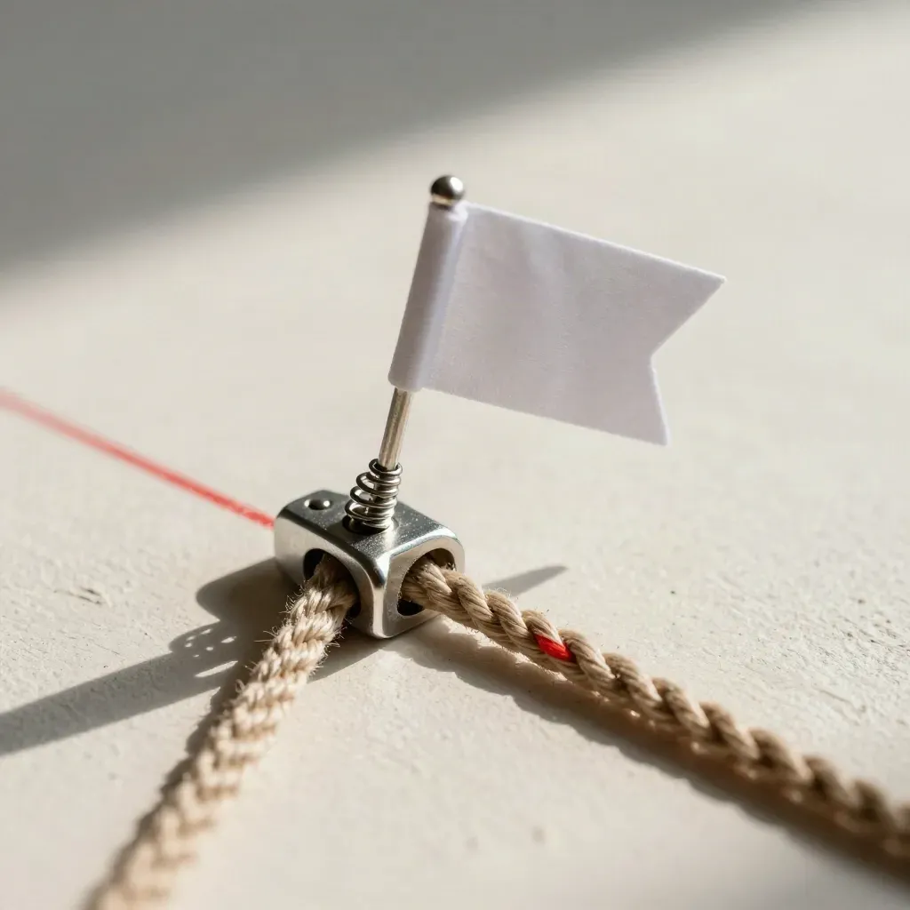 Macro of flag clips, aluminum cleat and rope on pale plaster with a red accent.