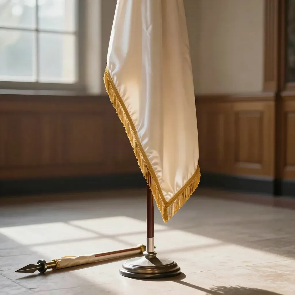 Indoor parade flag on a chrome ceremonial pole in a softly lit civic foyer.
