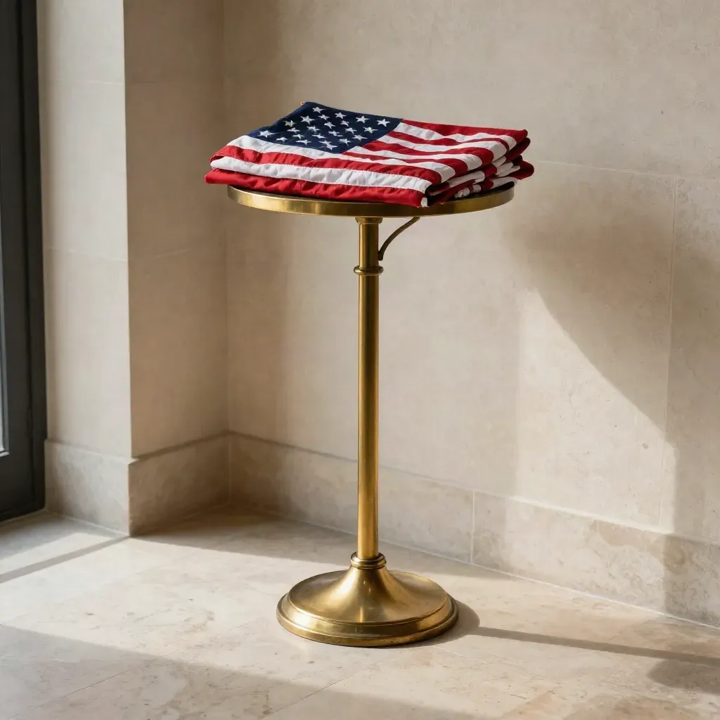 Brass floor stand with folded American flag in a sunlit pale stone entry room
