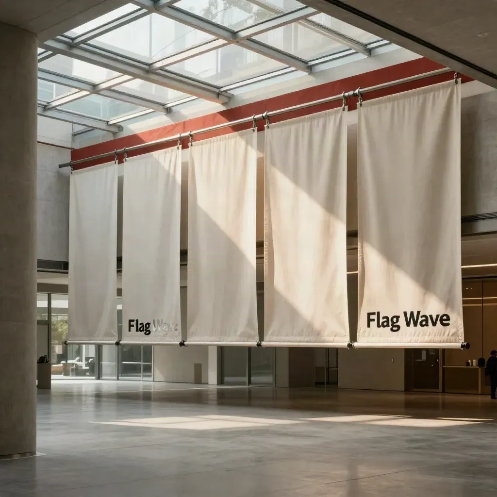 Sunlit modern atrium with blank banner rails and calm concrete floor for copy