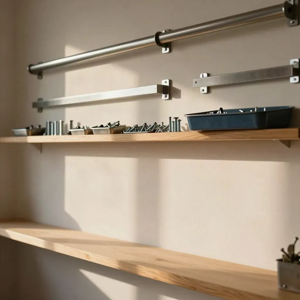 Warm workshop wall with flag hardware brackets, cleats and trays in soft side light.